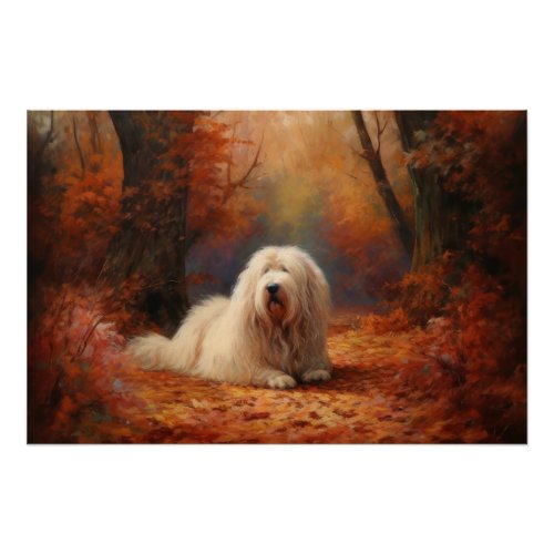 Old English Sheepdog in Autumn Leaves Fall Inspire Poster