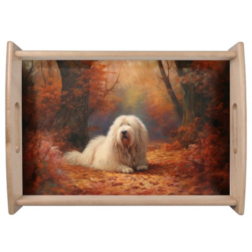 Old English Sheepdog in Autumn Leaves Fall Inspire Serving Tray