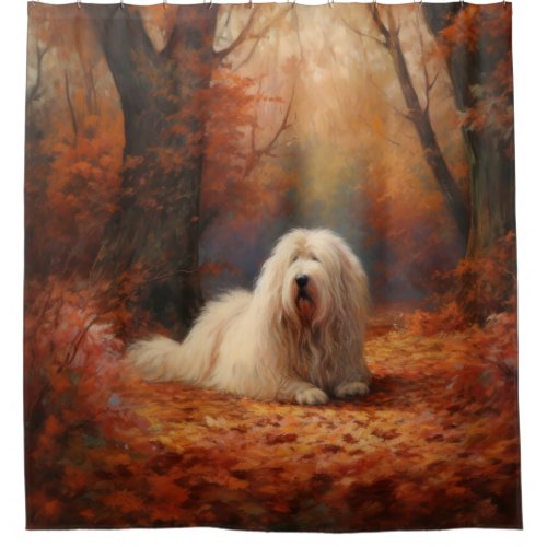 Old English Sheepdog in Autumn Leaves Fall Inspire Shower Curtain