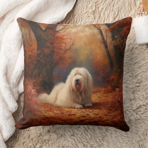 Old English Sheepdog in Autumn Leaves Fall Inspire Throw Pillow