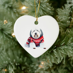 Old English Sheepdog in Christmas Sweater Ceramic Ornament