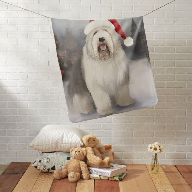 Old English Sheepdog in Snow Christmas Baby Blanket (In Situ)