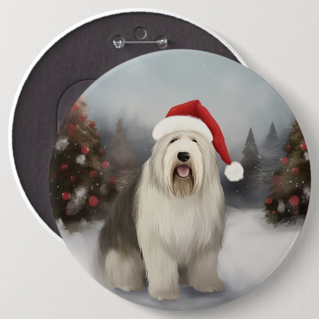 Old English Sheepdog in Snow Christmas Button (Front & Back)