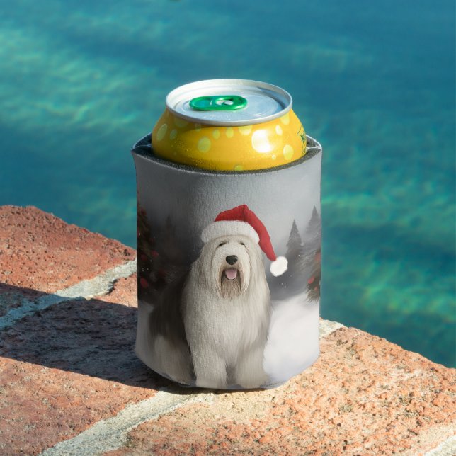 Old English Sheepdog in Snow Christmas Can Cooler (In Situ Pool)