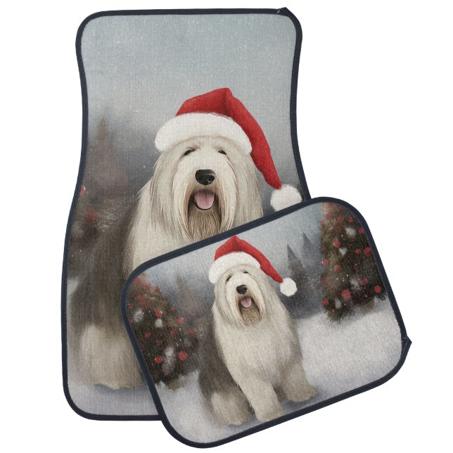 Old English Sheepdog in Snow Christmas Car Floor Mat (Set)