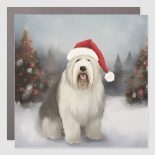 Old English Sheepdog in Snow Christmas Car Magnet