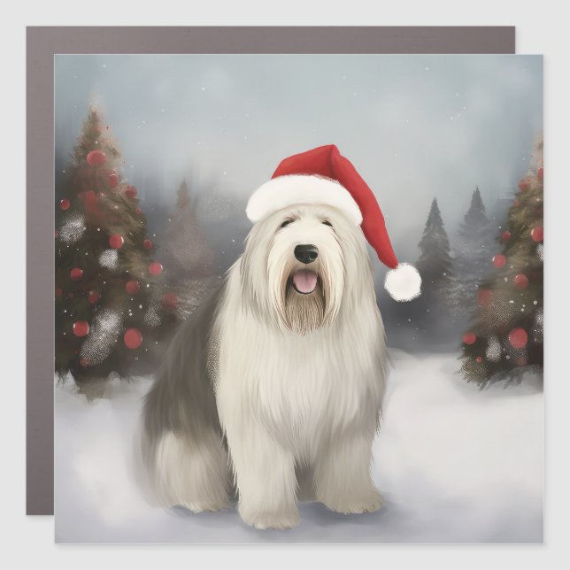 Old English Sheepdog in Snow Christmas Car Magnet (Front)