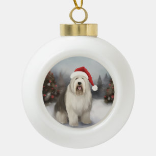 Old English Sheepdog in Snow Christmas Ceramic Ball Christmas Ornament