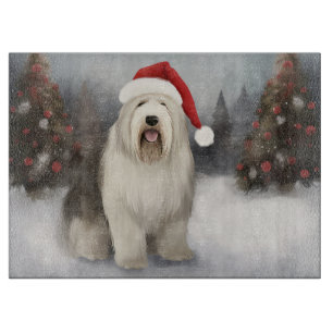 Old English Sheepdog in Snow Christmas Cutting Board