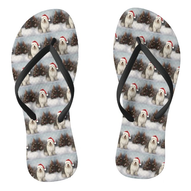 Old English Sheepdog in Snow Christmas Flip Flops (Footbed)