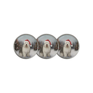 Old English Sheepdog in Snow Christmas Golf Ball Marker
