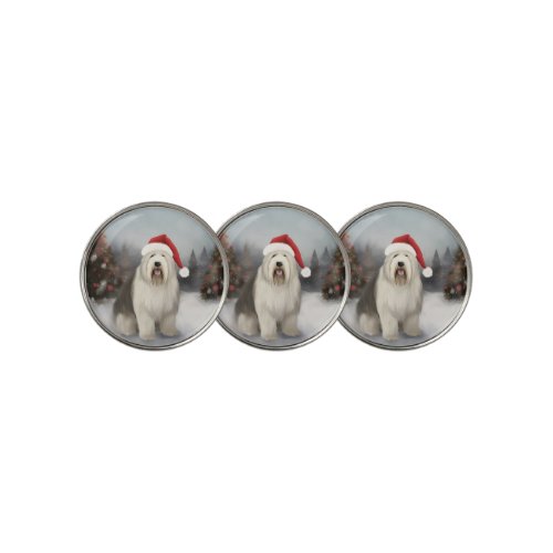 Old English Sheepdog in Snow Christmas Golf Ball Marker