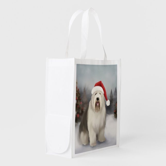 Old English Sheepdog in Snow Christmas Grocery Bag (Front Side)