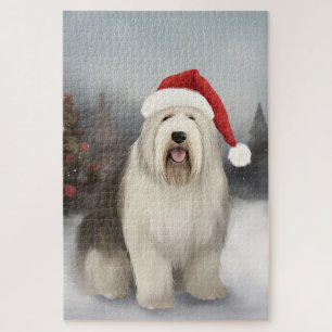Old English Sheepdog in Snow Christmas Jigsaw Puzzle