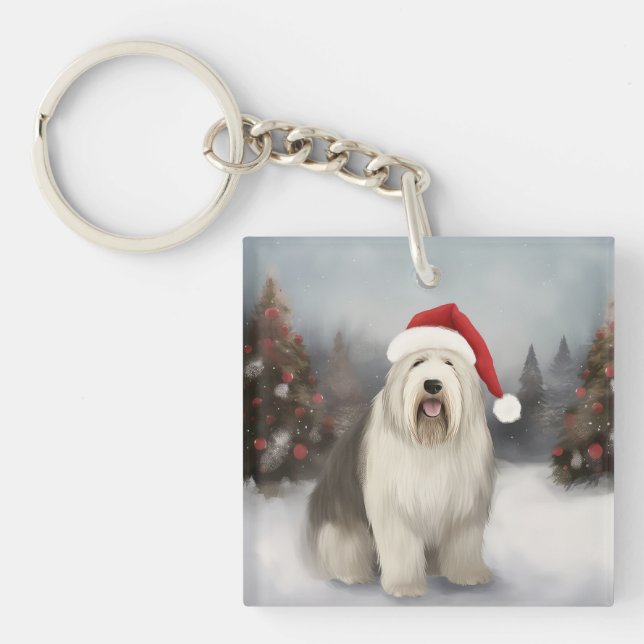 Old English Sheepdog in Snow Christmas Keychain (Front)