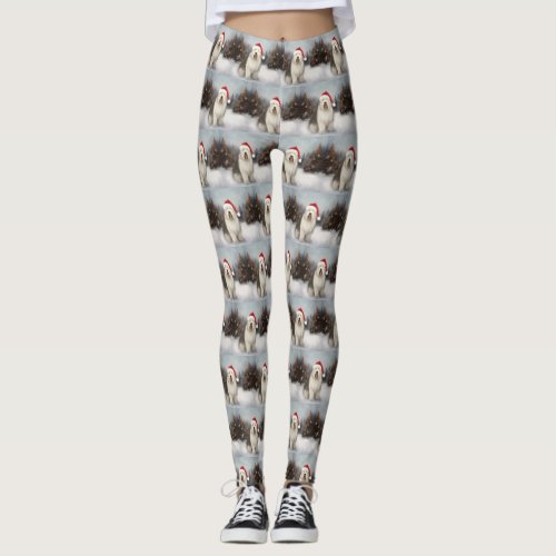 Old English Sheepdog in Snow Christmas Leggings