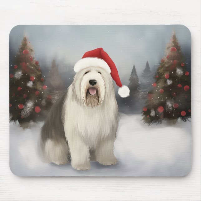 Old English Sheepdog in Snow Christmas Mouse Pad (Front)