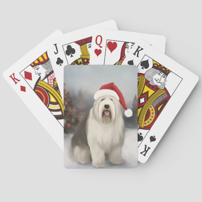 Old English Sheepdog in Snow Christmas Poker Cards (Back)