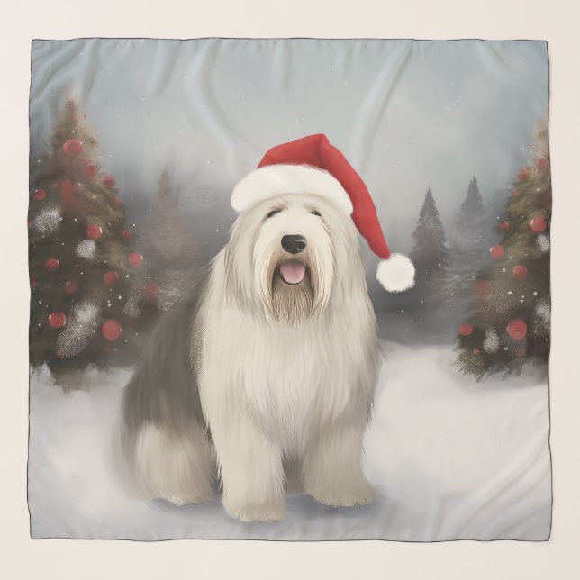 Old English Sheepdog in Snow Christmas Scarf (Front)