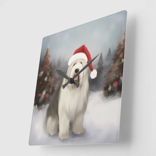 Old English Sheepdog in Snow Christmas Square Wall Clock