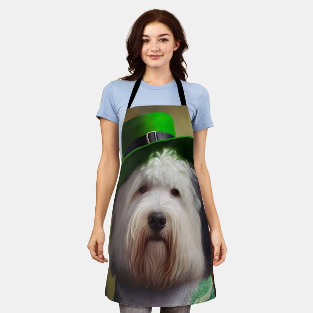 Old English Sheepdog in St. Patrick's Day Dress Apron (Worn)