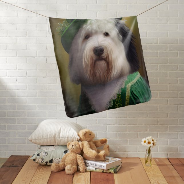 Old English Sheepdog in St. Patrick's Day Dress Baby Blanket (In Situ)