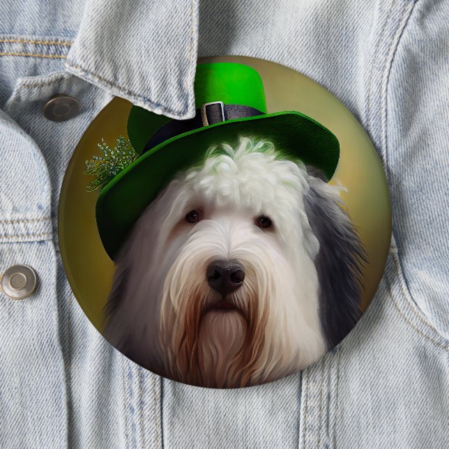 Old English Sheepdog in St. Patrick's Day Dress Button (In Situ)
