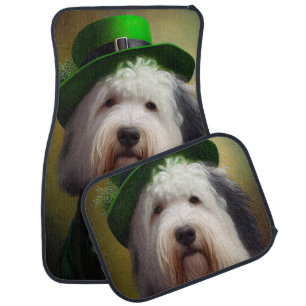 Old English Sheepdog in St. Patrick's Day Dress Car Floor Mat