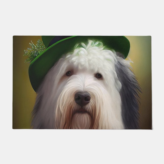 Old English Sheepdog in St. Patrick's Day Dress Doormat (Front)