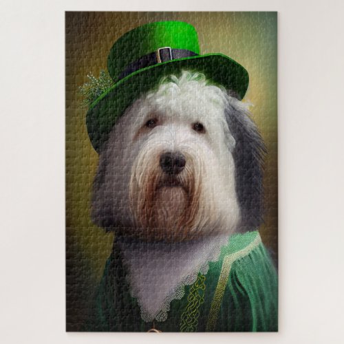 Old English Sheepdog in St Patricks Day Dress Jigsaw Puzzle