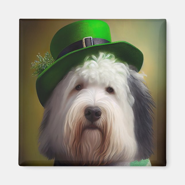 Old English Sheepdog in St. Patrick's Day Dress Magnet (Front)