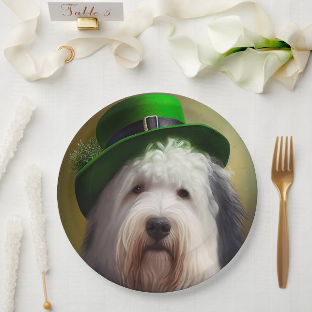 Old English Sheepdog in St. Patrick's Day Dress Paper Plates (Wedding)