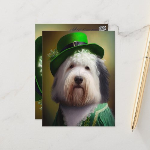 Old English Sheepdog in St Patricks Day Dress Postcard