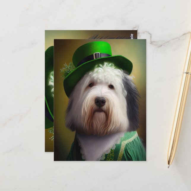 Old English Sheepdog in St. Patrick's Day Dress Postcard (Front/Back In Situ)