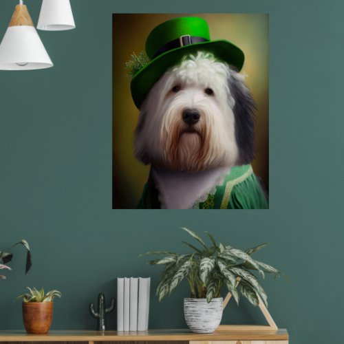 Old English Sheepdog in St Patricks Day Dress Poster