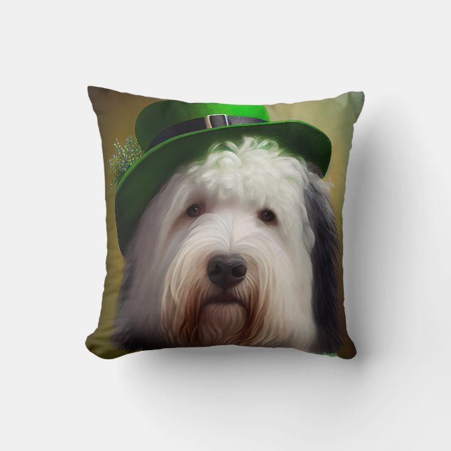 Old English Sheepdog in St. Patrick's Day Dress  Throw Pillow (Front)