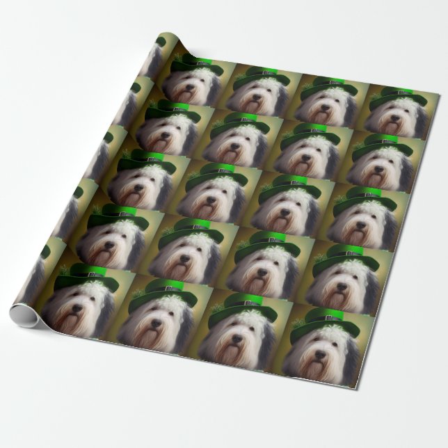 Old English Sheepdog in St. Patrick's Day Dress Wrapping Paper (Unrolled)