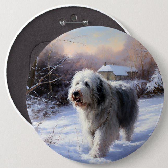 Old English Sheepdog Let It Snow Christmas Button (Front & Back)