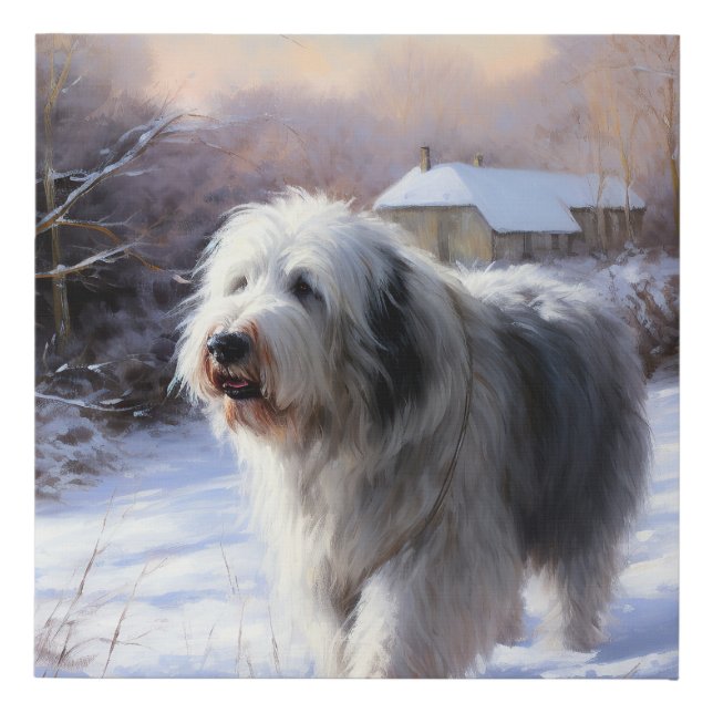 Old English Sheepdog Let It Snow Christmas Faux Canvas Print (Front)