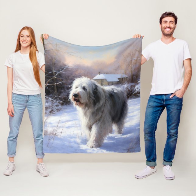 Old English Sheepdog Let It Snow Christmas Fleece Blanket (In Situ)