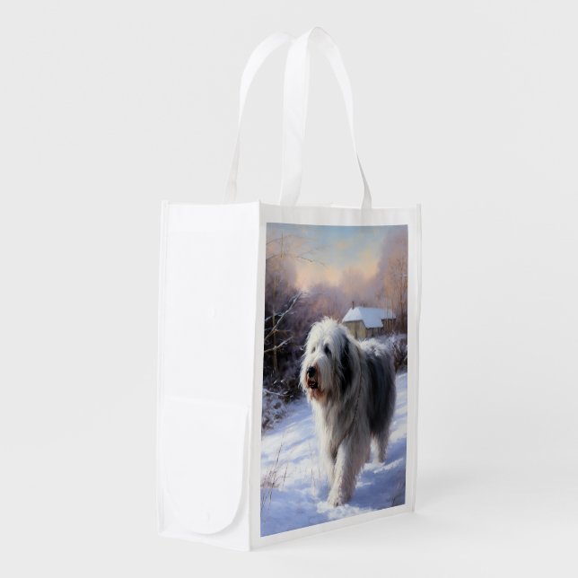 Old English Sheepdog Let It Snow Christmas Grocery Bag (Front Side)
