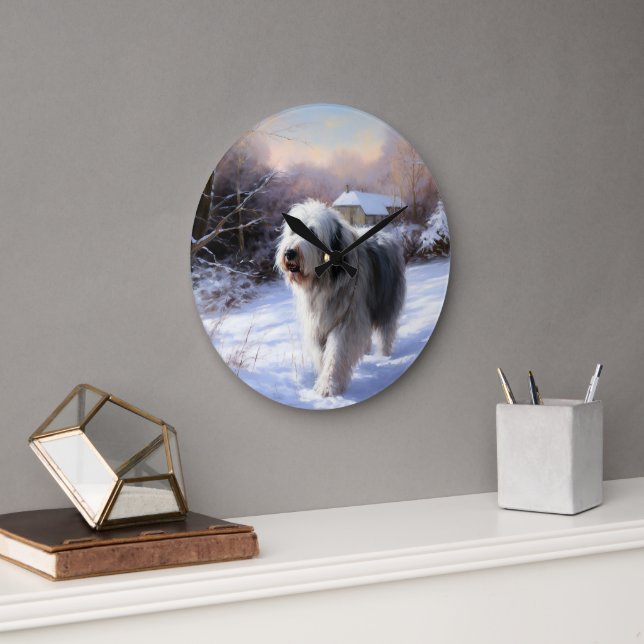Old English Sheepdog Let It Snow Christmas Large Clock (Office)