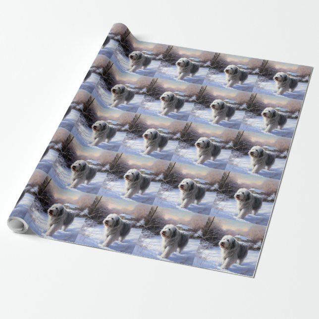 Old English Sheepdog Let It Snow Christmas Wrapping Paper (Unrolled)