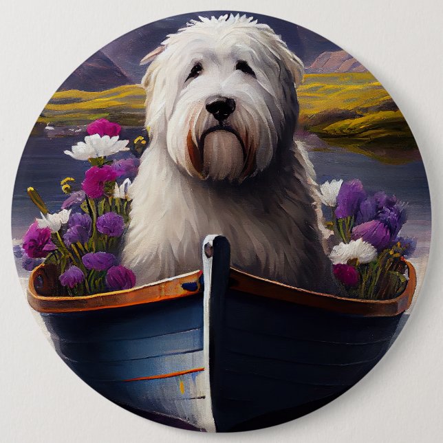 Old English Sheepdog on Paddle: A Scenic Adventure Button (Front)