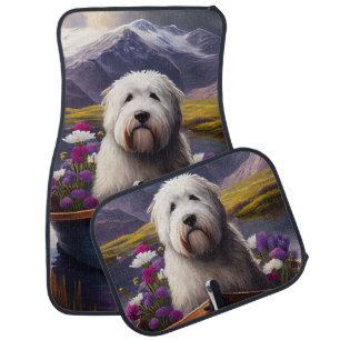 Old English Sheepdog on Paddle: A Scenic Adventure Car Floor Mat