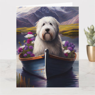 Old English Sheepdog on Paddle: A Scenic Adventure Card