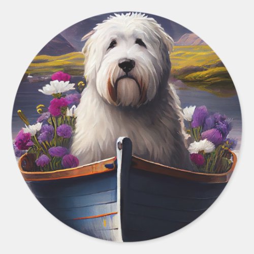 Old English Sheepdog on Paddle A Scenic Adventure Classic Round Sticker