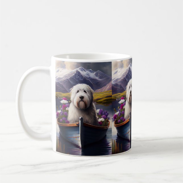 Old English Sheepdog on Paddle: A Scenic Adventure Coffee Mug (Left)
