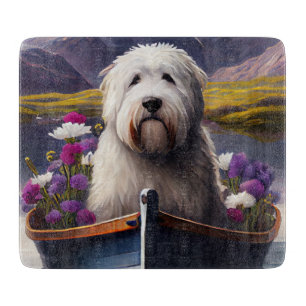 Old English Sheepdog on Paddle: A Scenic Adventure Cutting Board