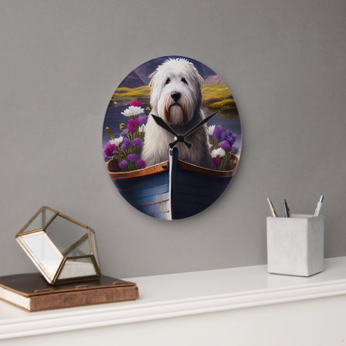 Old English Sheepdog on Paddle A Scenic Adventure Large Clock